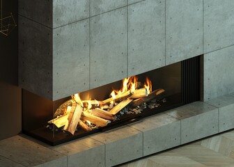 Modern glass corner fireplace in the interior