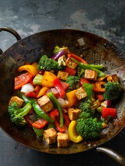Sizzling vegetable stir-fry featuring golden tofu cubes and a medley of bright peppers, broccoli, and onions in a traditional wok, ready to serve.