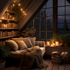 A cozy reading nook with warm lighting. - obrazy, fototapety, plakaty