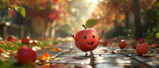 Apple character jogging, early morning park scene, cheerful expression - obrazy, fototapety, plakaty