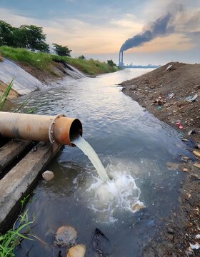 Environmental damage concept, Industrial and factory wastewater discharge pipe into the canal and sea, dirty water pollution, Sewage pipe outfall into the river, the river is polluted