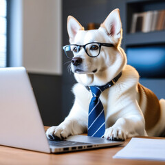 White dog wearing glasses and a tie sits at a table and works on a laptop in a modern office.