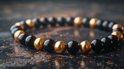 Black and gold meditation beads, natural light, close shot, spiritual healing