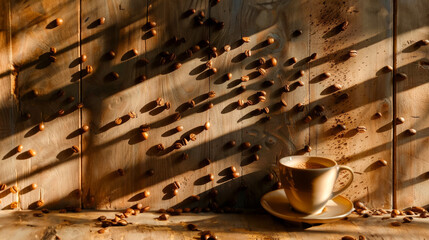 Coffee cup and coffee beans on old wooden background, copy space