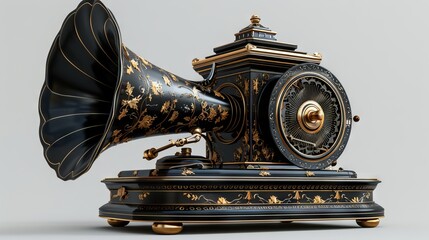 Black phonograph with gold details, ambient lighting, side angle, classic charm