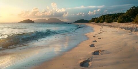 Secluded Island Beach at Dawn with Only Footprints in the Sand Peaceful Scenic Landscape with Serene Ocean and Cloudscape