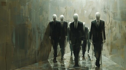 Сoncept of conformity, the office plankton. A group of faceless men in business suits marching in a line.