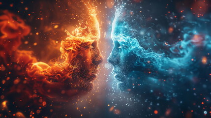 Face-to-face profiles of fire and  ice. Concept of ice and flame. background fire and ice flames intertwining and flame. 