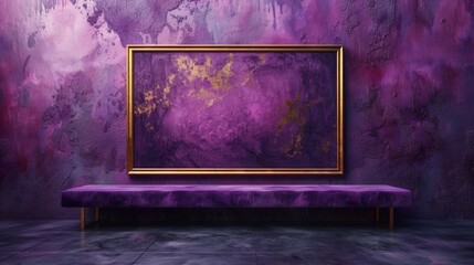Old sculpted wooden frame  on purple satin and woll background. mock up for product presentation. Згзду Interior with a  frame  