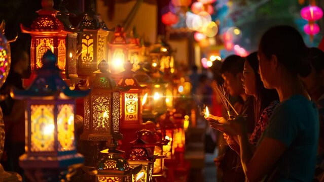 A photo of Devotees gathered at temples adorned with colorful lanterns, offering prayers and lighting incense sticks to celebrate the birth, enlightenment, and passing of Buddha