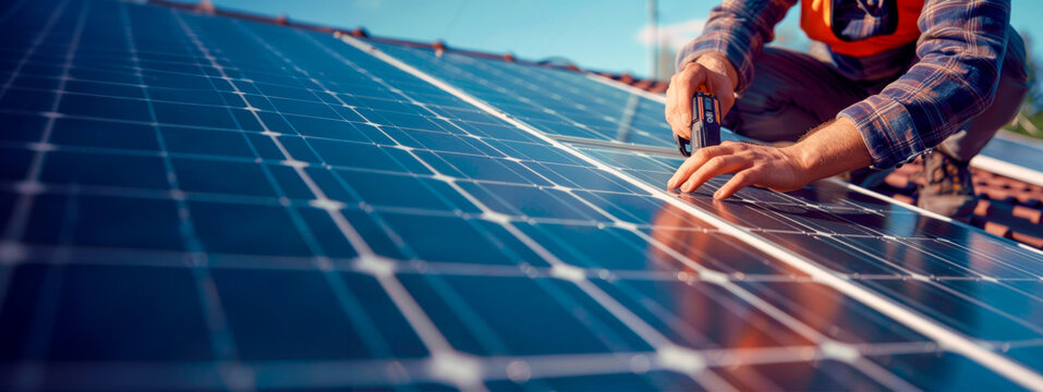 Meticulous man installation of solar panels, person's hands securing the sustainable energy source on a sunny day. Nature Conservation. Renewable source of solar energy. Banner. Copy space