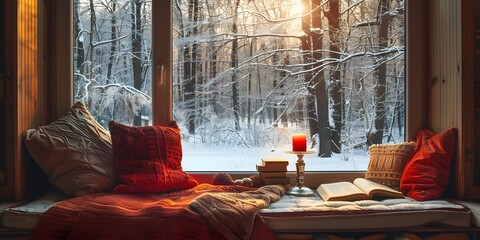 Cozy Winter Window Seat with a Tranquil Forest Landscape View Inviting to Curl Up with a Good Book...
