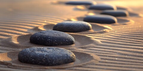 Zen Garden with Perfectly Raked Sand and Carefully Placed Stones Evoking a Sense of Tranquility and Balance