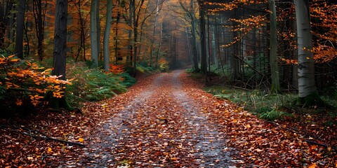 Fototapeta premium Winding Autumn Forest Path Leads to a Tranquil Retreat for Peaceful Reflection