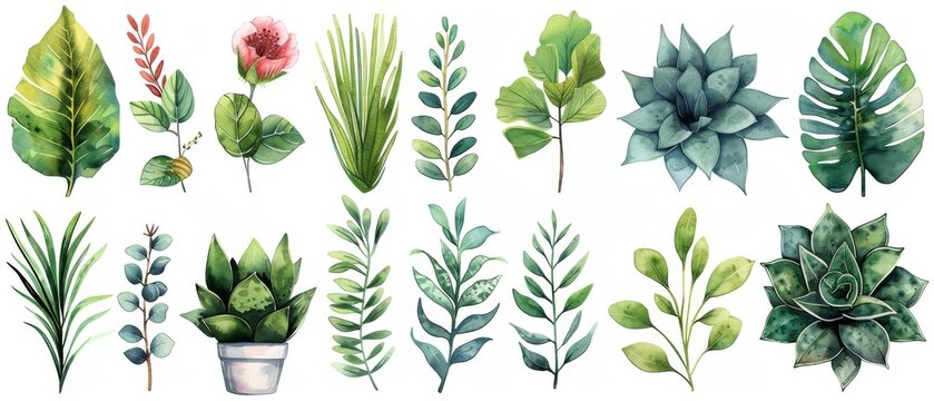 Fototapeta Bring a touch of nature indoors with watercolor clipart of houseplants, flowers, and botanical elements