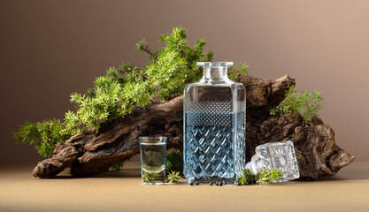 Blue gin on a background of old snags and juniper branches with berries.