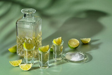 Tequila with salt and lime slices on a green background.