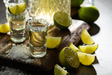 Tequila with sea salt and lime slices on a old cutting board.