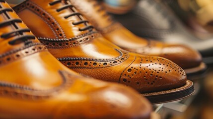 Close-Up of Brown Leather Wingtip Shoes on Display - obrazy, fototapety, plakaty