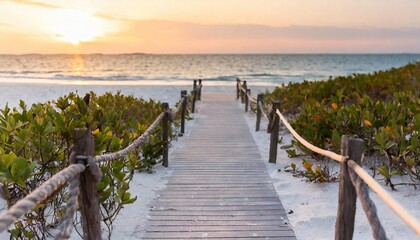 boardwalk leading to the white sand beach and ocean water at sunset with few shrubs on sides