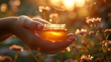Close-up of hands applying herbal balm, warm golden light, soothing ambiance