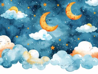 Create a dreamy scene with watercolor clipart of clouds, moons, and stars
