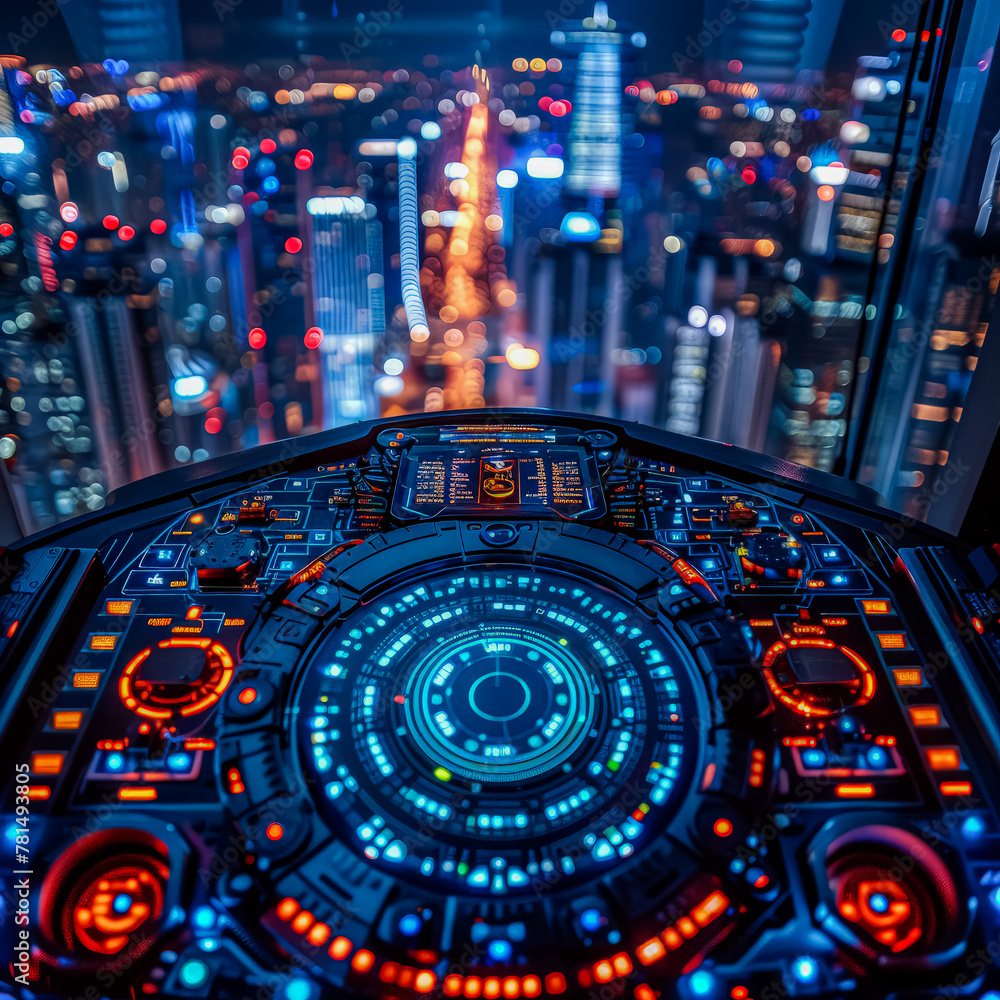 Poster a view of a city from an airplane cockpit with a blue and red circle in the center. the circle is su