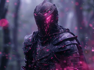 Dragon fruit knight in enchanted forest, glowing armor, mystical fog