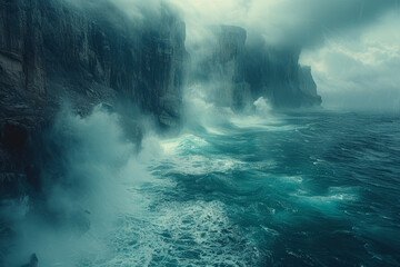 The rhythmic ebb and flow of ocean waves crashing against a rugged coastline, spraying mist into...