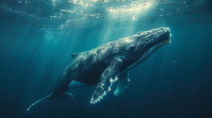 Fototapeta premium Serene humpback whale swims in the sunlit ocean depths, showcasing the beauty of marine life