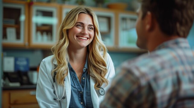 Doctor consulting patient, clinic office, eye level, warm tones, reassuring smile