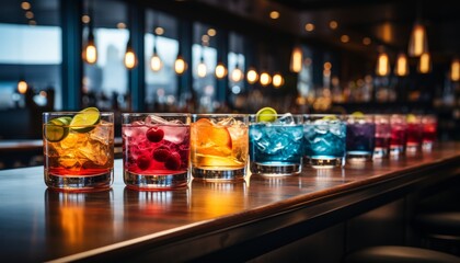 exotic, colorful cocktails arranged on a nightclub counter.The cocktails exude a tropical, refreshing vibe, enticing patrons to indulge in the lively atmosphere of the bar.