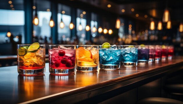 exotic, colorful cocktails arranged on a nightclub counter.The cocktails exude a tropical, refreshing vibe, enticing patrons to indulge in the lively atmosphere of the bar.