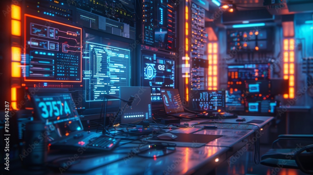 Poster Futuristic dev lab, holographic code projections, bright task lights, eye-level, high-tech coding atmosphere