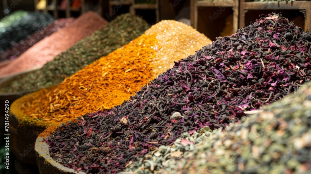 Poster Various spices in wooden bowl