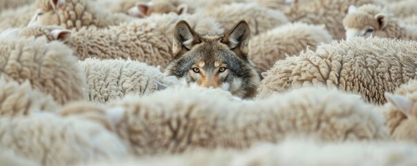 Wolf amidst sheep: camouflage in nature - obrazy, fototapety, plakaty