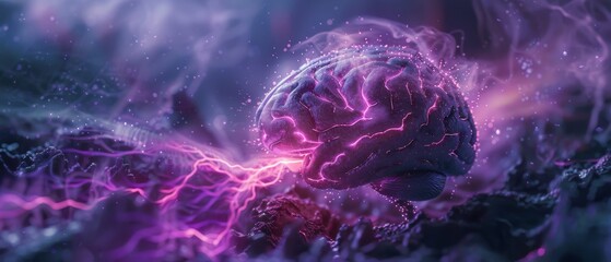 Futuristic AI brain jigsaw, deep purple aura, close-up, intrigue in the evolution of technology