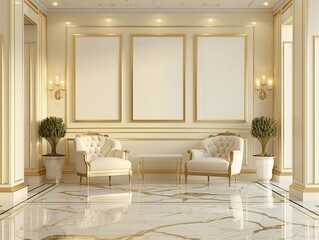 Two blank frames on a wall in a luxurious room, soft lighting, plush decor, detailed 8K, elegant ambiance , 8K , high-resolution, ultra HD,up32K HD