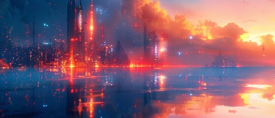 Futuristic city at dusk, digital painting, glowing lights, immersive detail