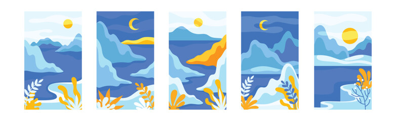 Blue Day and Night Abstract Landscape with Mountains and Sun with Crescent in the Sky Vector Set