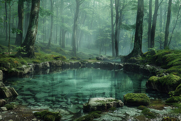 A tranquil pool nestled in the heart of a forest, its surface reflecting the surrounding trees like...