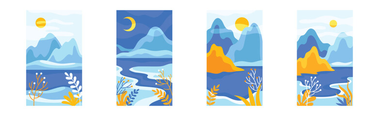Blue Day and Night Abstract Landscape with Mountains and Sun with Crescent in the Sky Vector Set