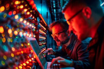 Scientists Engage with LHC Infrastructure, Laptop Linked to Array of Computer Servers, Innovation Illuminating Laboratory Space. Red lights. - obrazy, fototapety, plakaty
