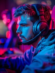 Vibrant gaming session, man in a studio with blue and purple neon lighting, online lifestyle captured in detailed 8K , 8K , high-resolution, ultra HD,up32K HD
