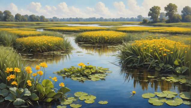Marshland covered in reeds and marsh marigolds, painted in oil.