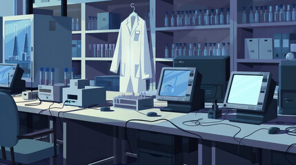 Abandoned Laboratory Setup: Idle Test Equipment, Quiet Computers, and Empty Lab Coats, Envisioning the Next Scientific Experiment