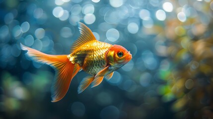 Gold fish in black pond, sunlight, side view, natural contrast