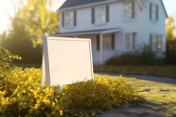 House for sale concept. Mockup blank template billboard copy space near house. Real estate market. House hunting and home purchase. Property investment. Budget-friendly practical homes. Banner