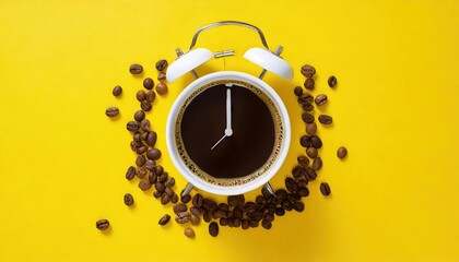  Coffee clock on yellow background. creative idea. minimal concept