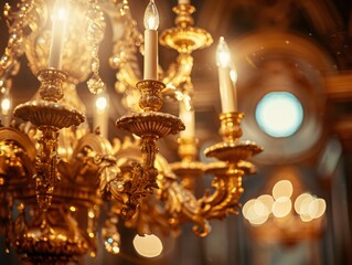 Golden chandelier in opulent mansion, warm lighting, low angle, vintage photo style